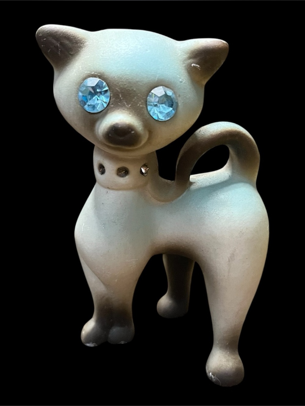 Retro Vintage Ceramic Cat Figurine with Blue Rhinestone Eyes & collar